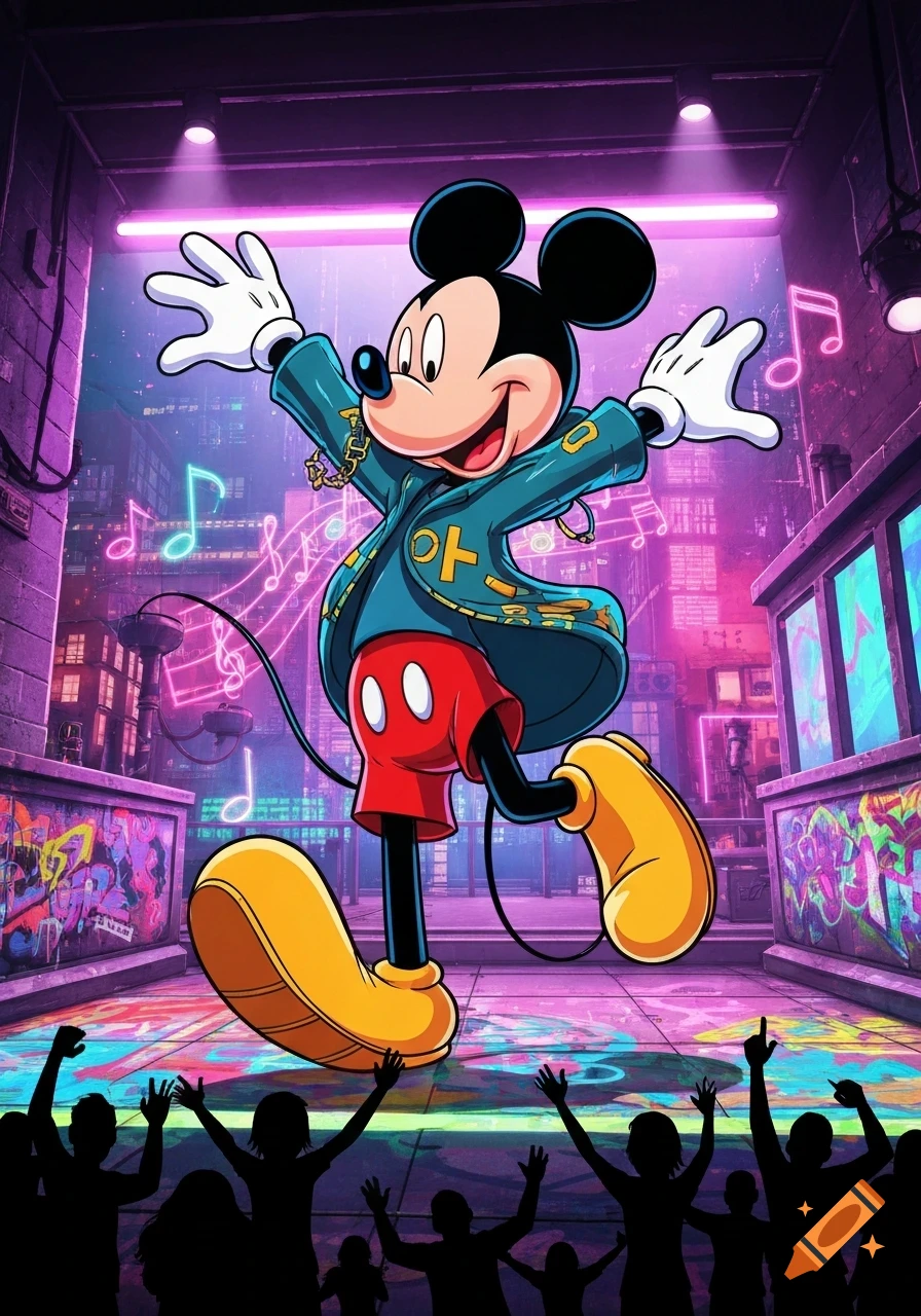 Mickey Mouse in a teal jacket and red shorts dances happily in a neon-lit cyberpunk city, with glowing musical notes and a cheering crowd.