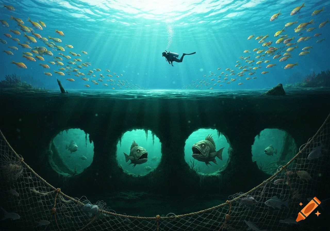 Underwater scene with a diver, schools of fish, a shipwreck with menacing fish, and fishing nets, in a detailed illustration style.