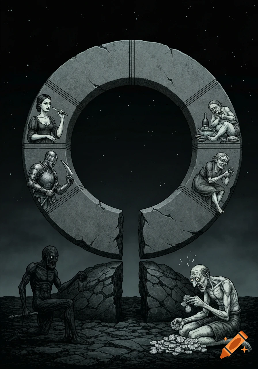A dark, symbolic illustration featuring a broken circular stone ring. Six figures representing vices like pride, gluttony, envy, wrath, and greed are depicted within the ring's segments. Below the broken ring, a skeletal figure with glowing eyes and a frantic, emaciated man counting coins are shown on a desolate landscape.