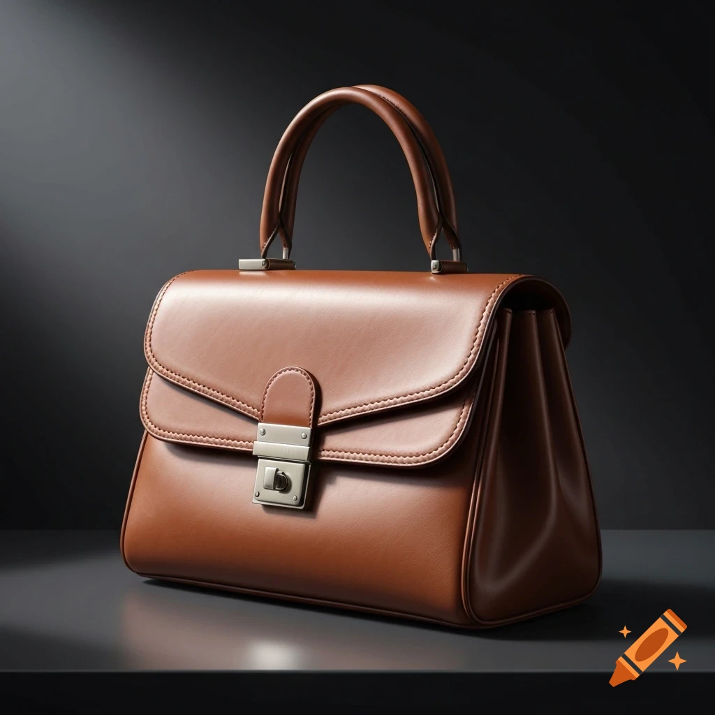 A close-up, photorealistic shot of a brown leather handbag with silver clasp and handle mounts, resting on a dark surface against a deep gray background.
