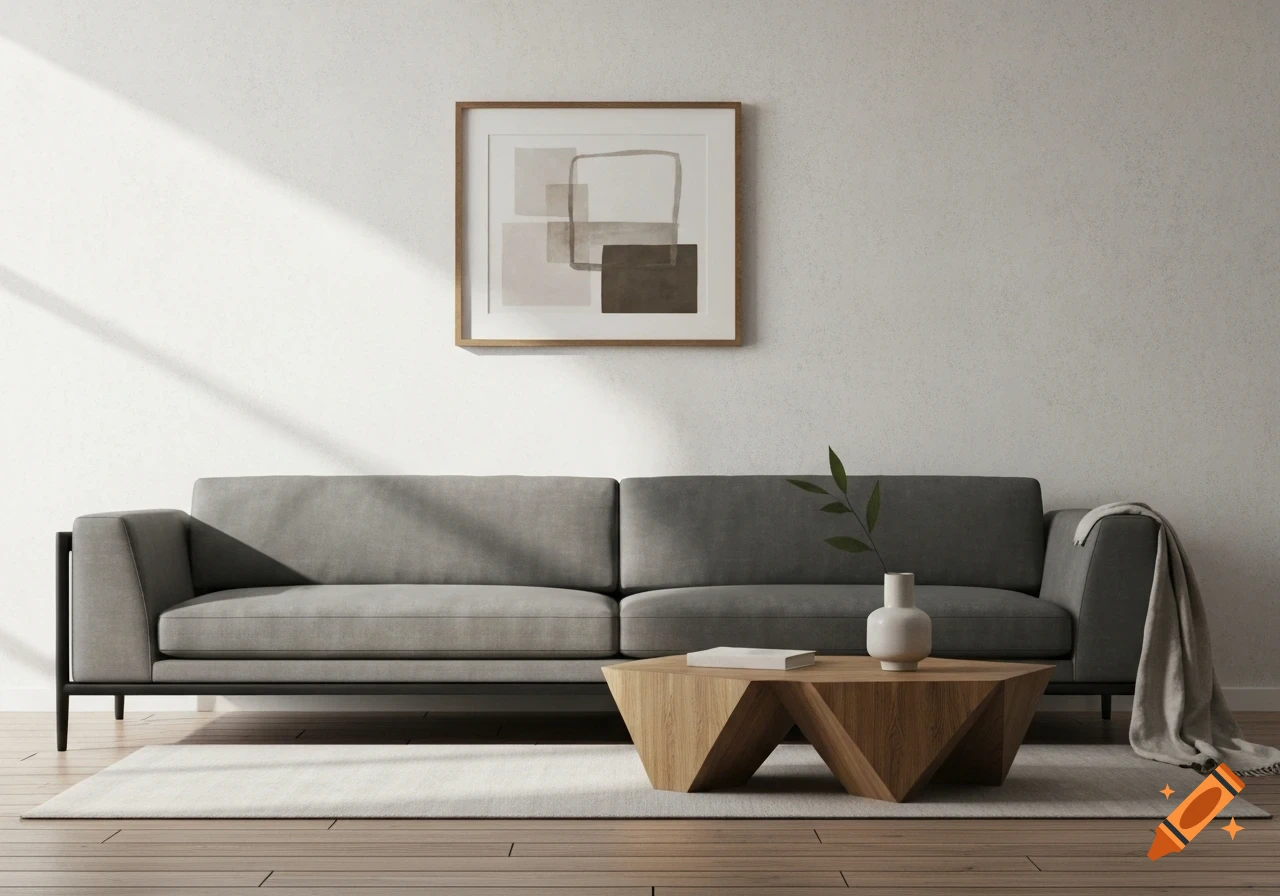 A modern living room with a grey sofa, geometric wooden coffee table, and abstract art on a white wall.