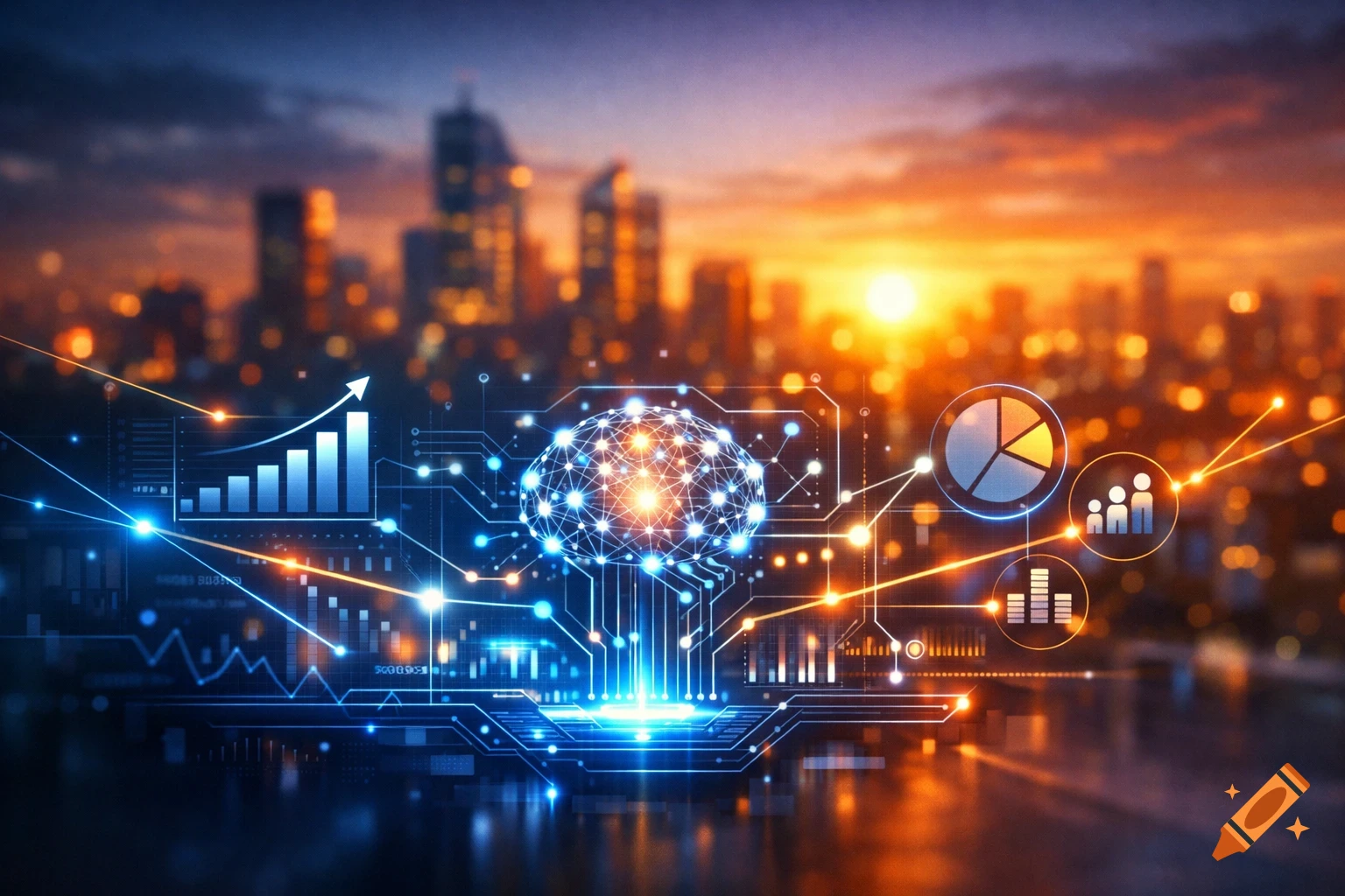 Digital brain with glowing circuits, charts, and graphs over a blurred cityscape at sunset, representing AI and business data.
