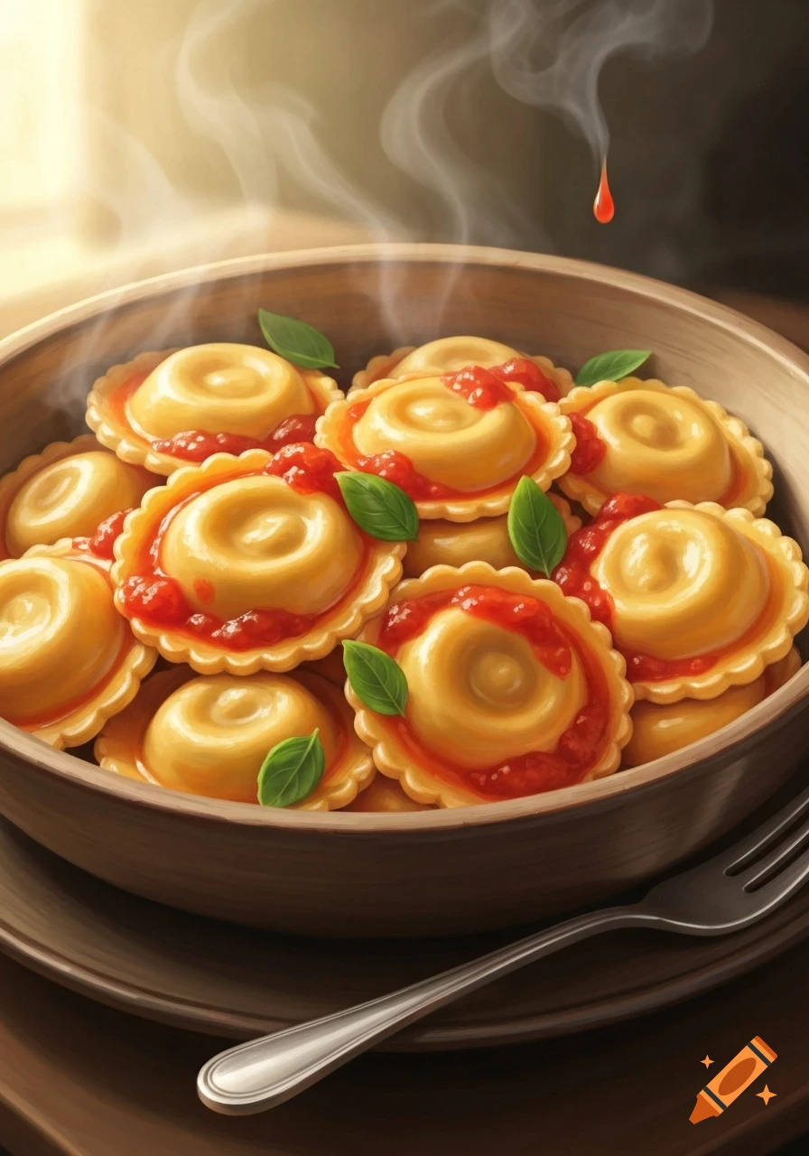 A steaming bowl of ravioli topped with red sauce and fresh basil leaves, with a fork beside it.