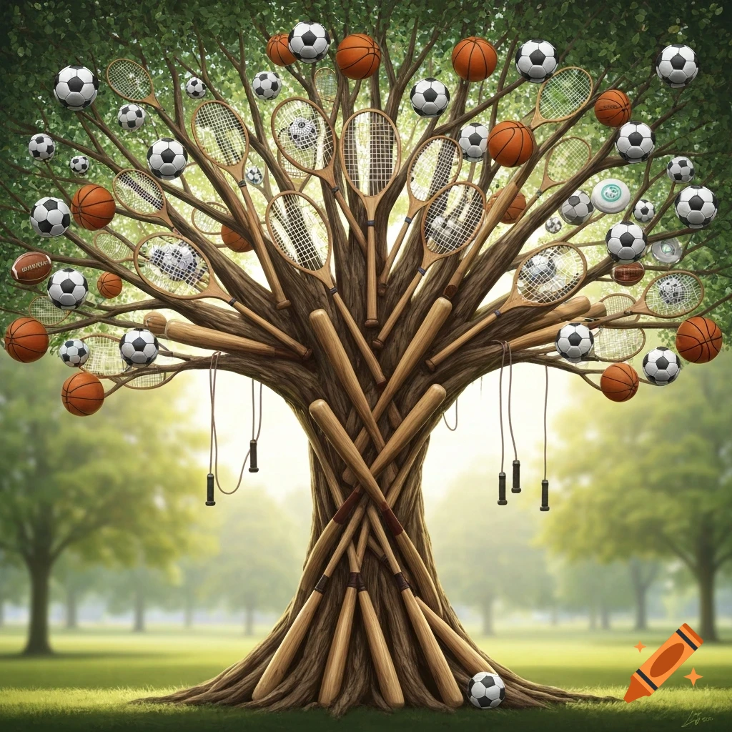 A Racket Tree A tree with its trunk and branches formed by a variety of sports ...
