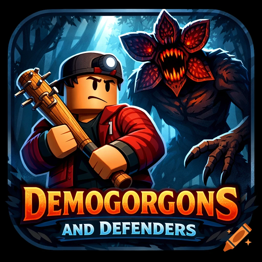Roblox character with spiked bat and a Demogorgon in a forest, game icon with title 'DEMOGORGONS AND DEFENDERS'.