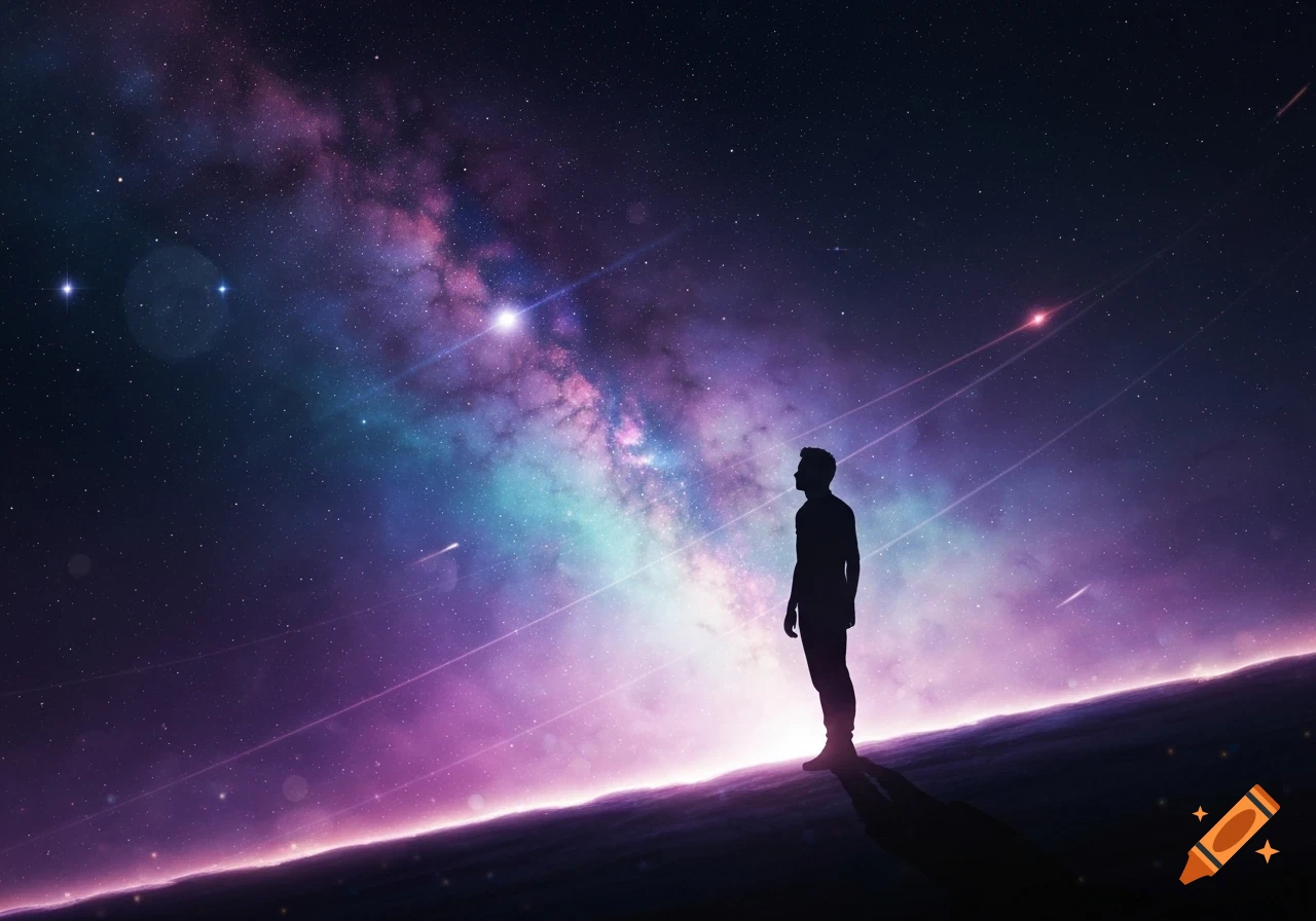 A silhouette of a person stands on a planet, gazing up at a vibrant purple and blue galaxy with numerous stars and light streaks.