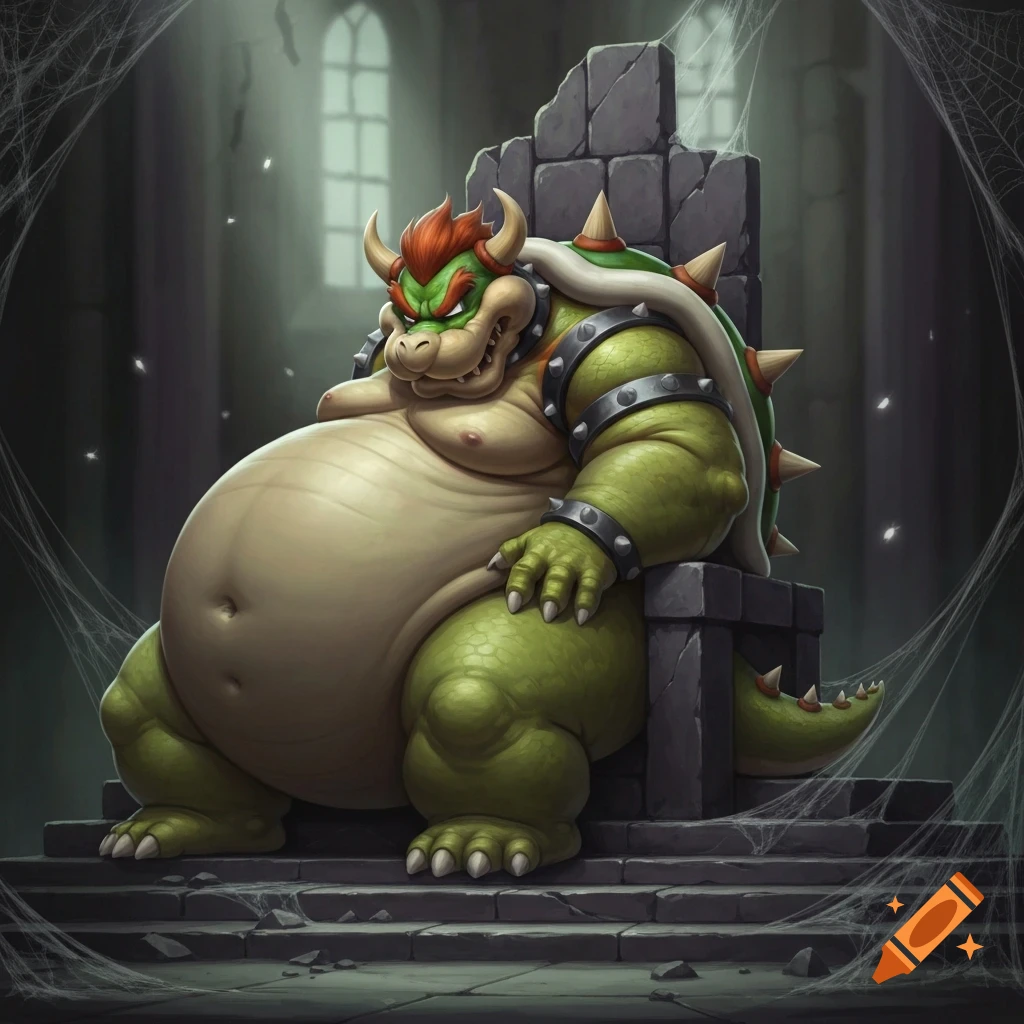 A morbidly obese Bowser sits on a stone throne in a dimly lit, cobweb-filled dungeon with arched windows.