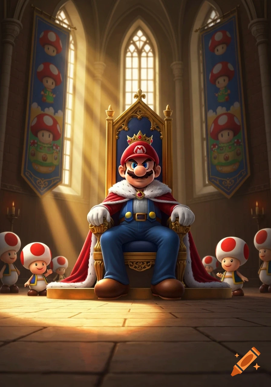 Mario, dressed as a king with a crown and regal cape, sits on a golden throne in a grand hall, flanked by small Toads.