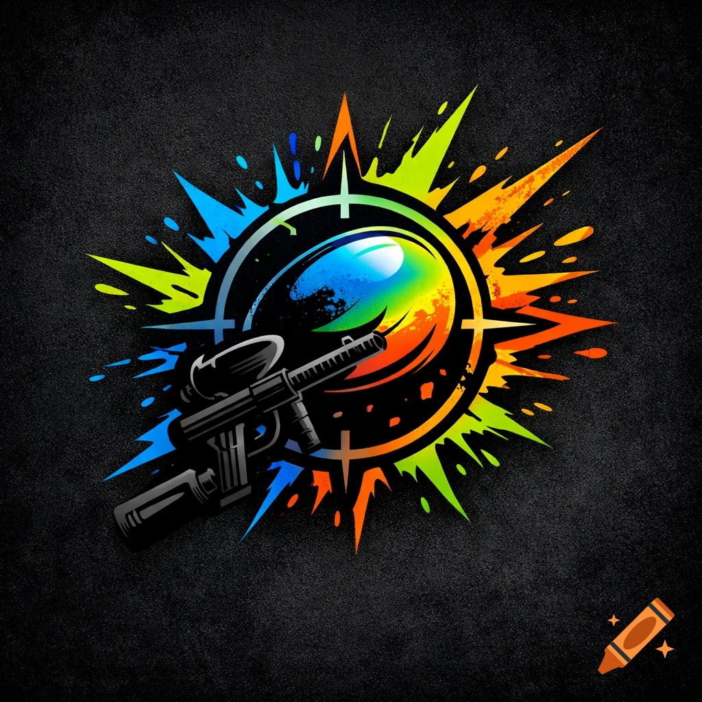 A logo featuring a paintball gun, a colorful target, and paint splatters on a dark background.