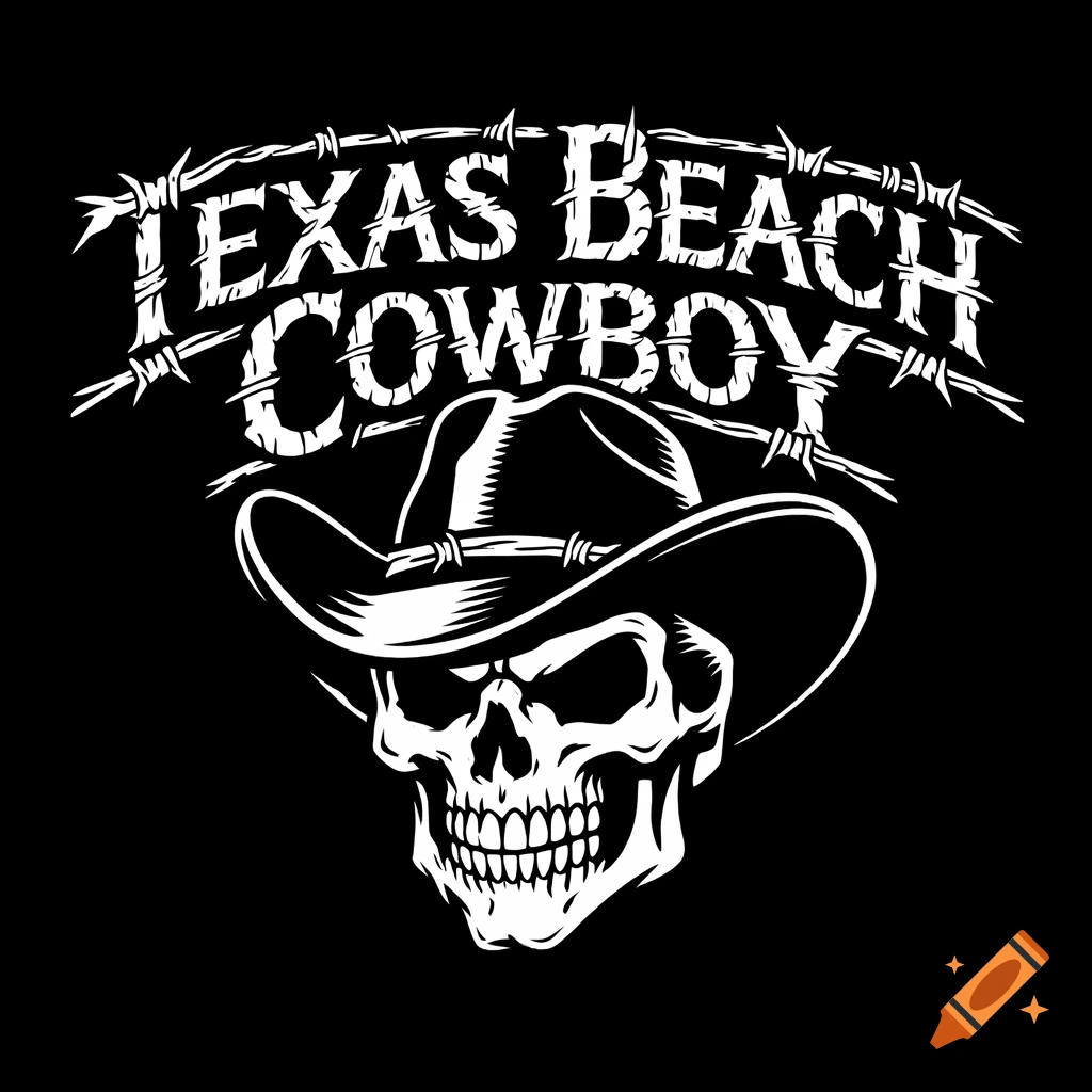 A black and white logo featuring a stylized skull in a cowboy hat, with 'TEXAS BEACH COWBOY' in barbed wire text above it.