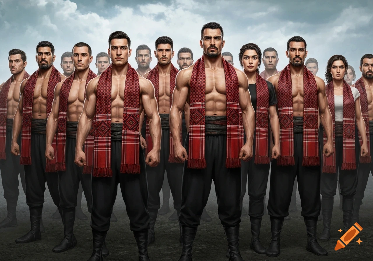 A united group of muscular men and women in traditional red and black patterned scarves and black pants stand under a dramatic sky, looking heroic.