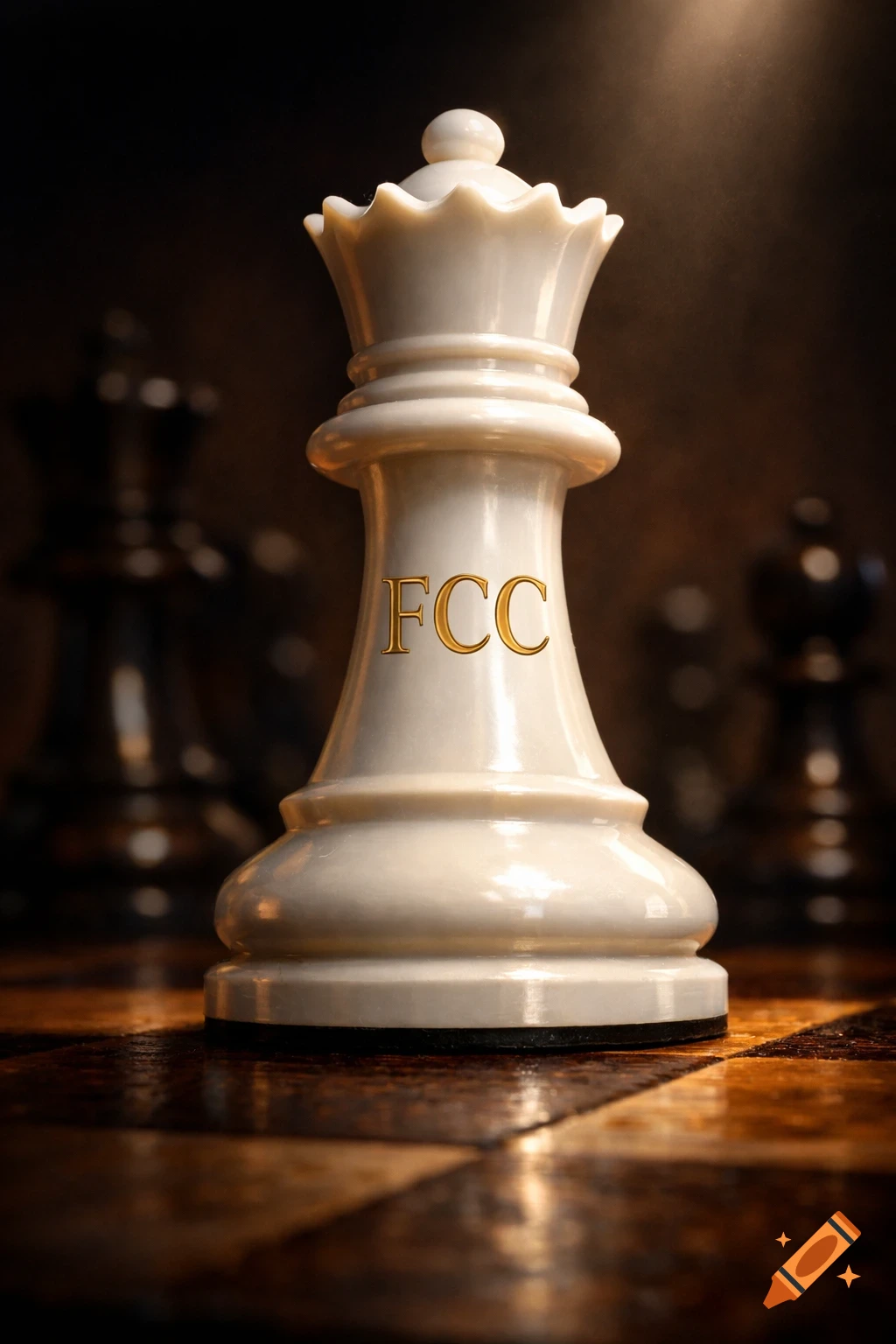 A white chess queen with "FCC" engraved in gold stands on a wooden chessboard, with blurry black chess pieces in the background.