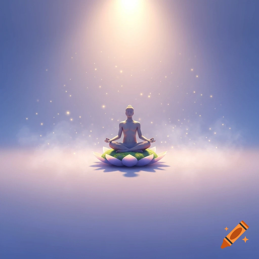 A serene figure meditating in the lotus position on a glowing lotus, surrounded by light and sparkling particles.