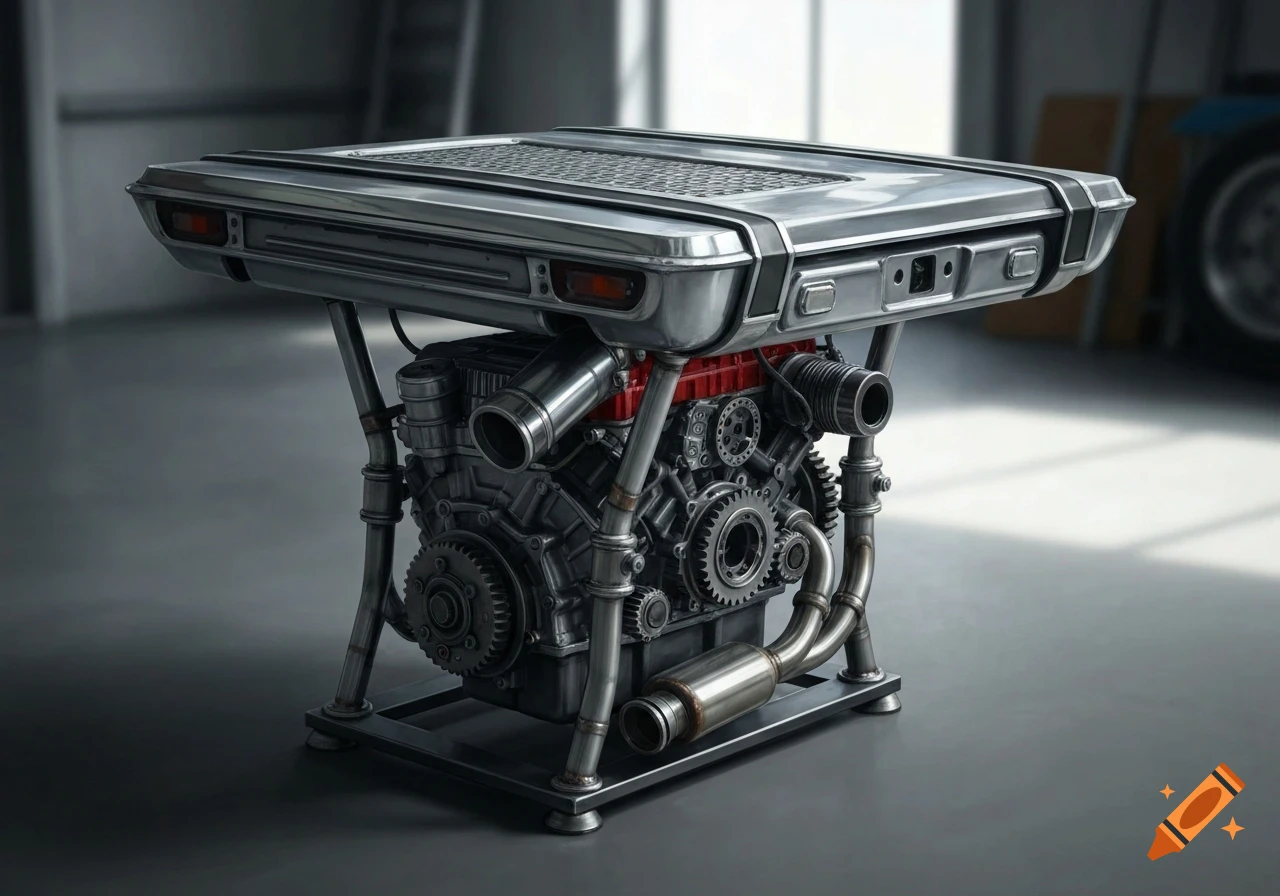 Photorealistic industrial side table made from an engine block, gears, pipes, and a metallic car panel, in a garage.