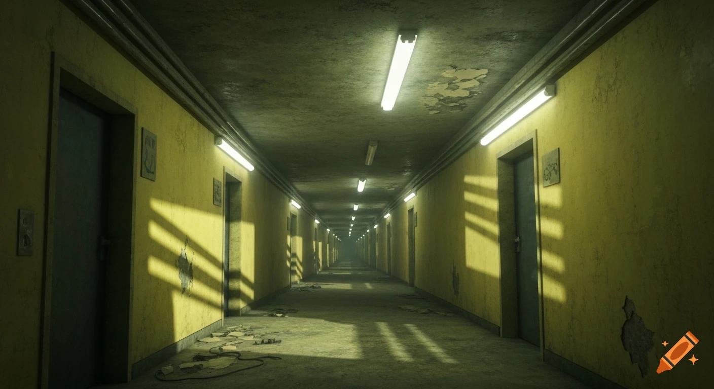 A long, dim, abandoned corridor with peeling yellow walls, flickering neon lights, creepy shadows, and debris on the floor.