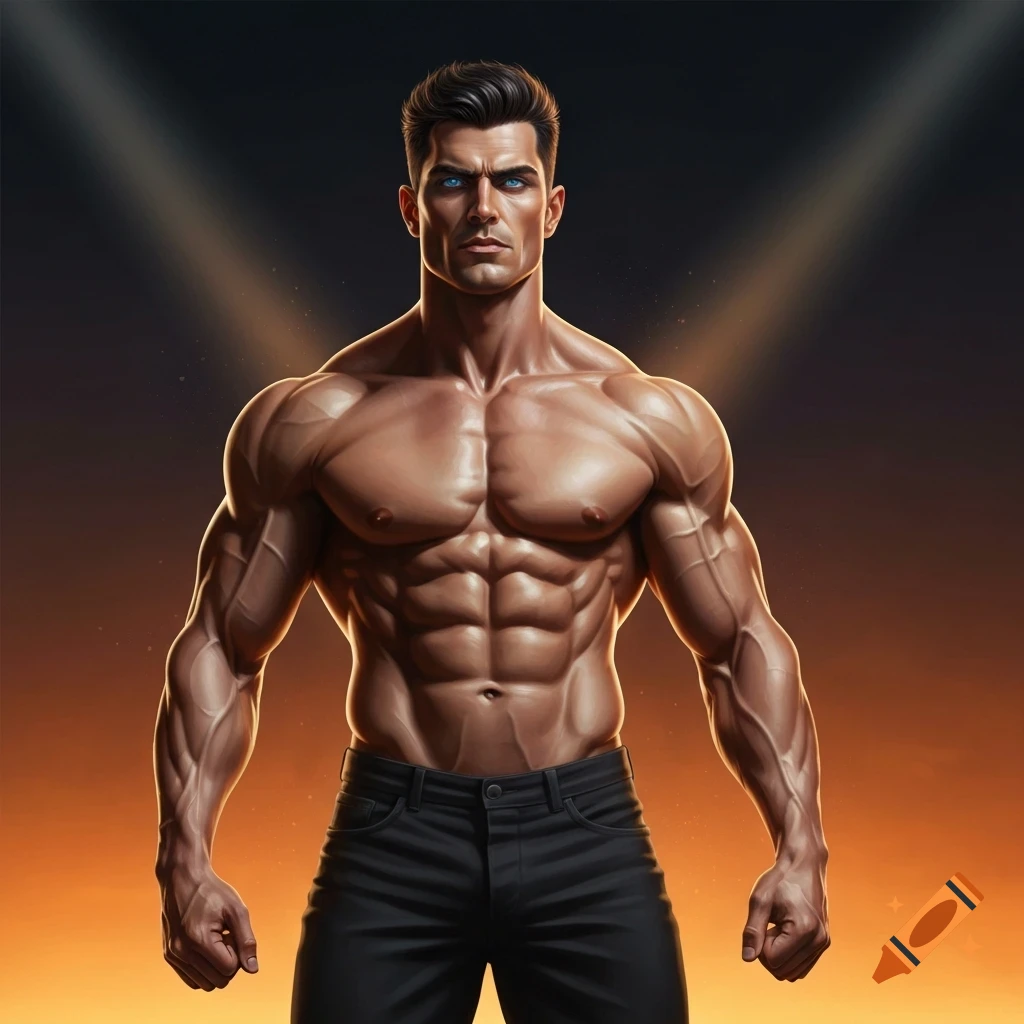 A hyper-muscular man with blue eyes and dark hair, wearing black jeans, stands under spotlights with an orange glow.