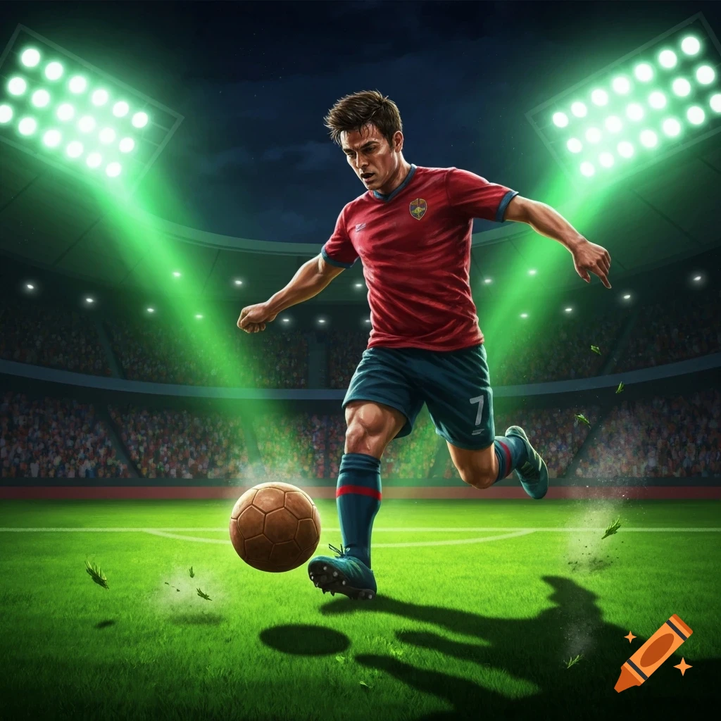 Dynamic digital illustration of a male soccer player in a red jersey kicking a vintage soccer ball on a green stadium field at night.