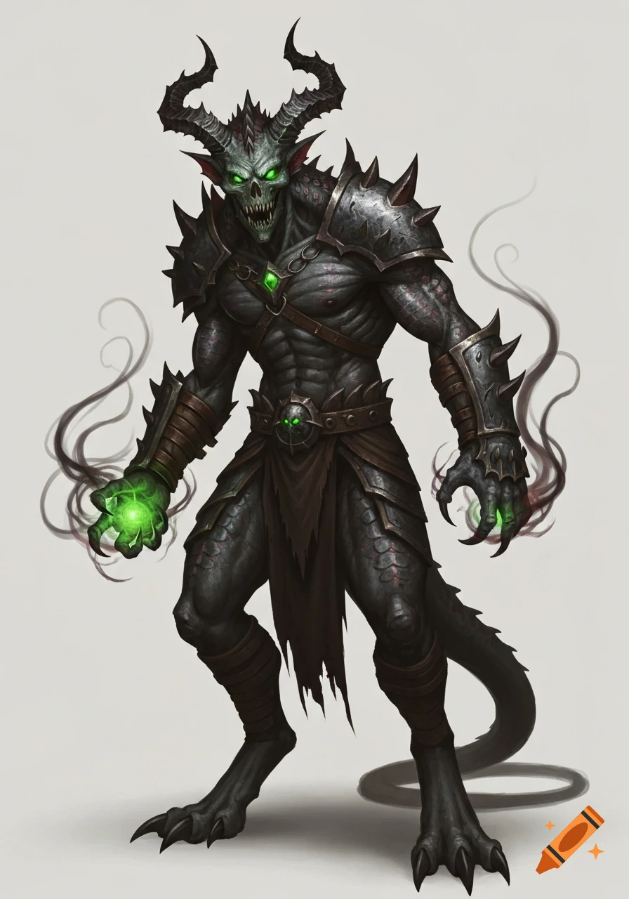 A full-body illustration of a dark, armored demon creature with glowing green eyes and a green orb of magic in its hand, against a light background.