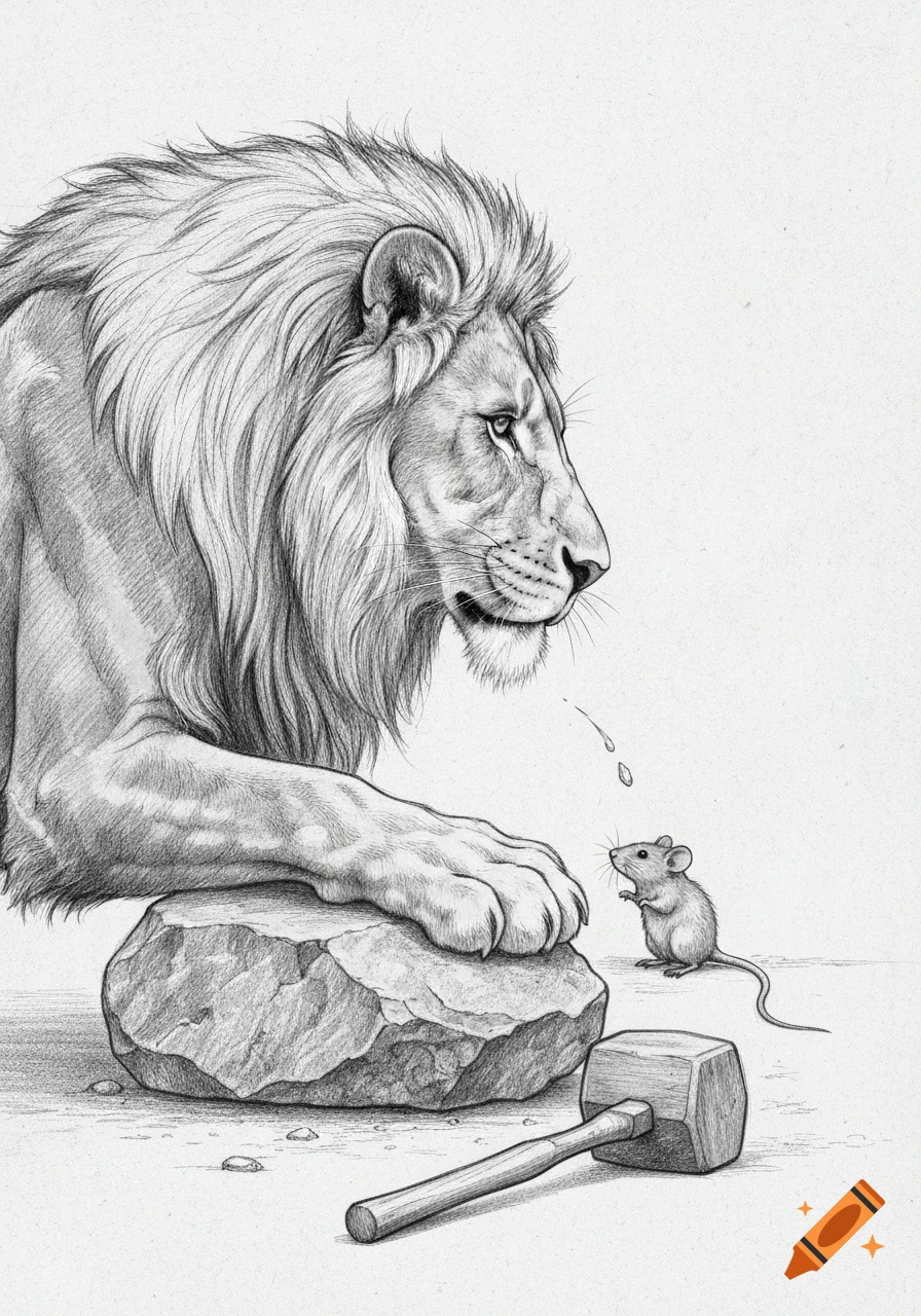 Pencil drawing of a majestic lion with its paw on a rock, looking down at a small rat. A mallet lies nearby.