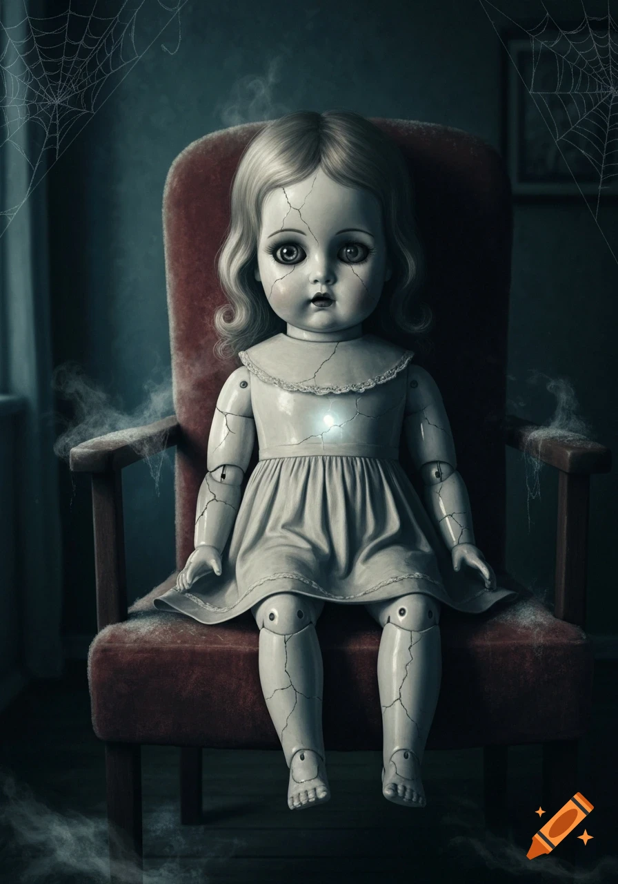 Eerie cracked porcelain doll with large eyes sits on a red velvet chair in a dark, cobweb-filled room with mist.