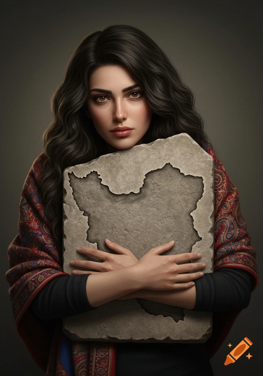 Photorealistic portrait of a serious young Persian woman with dark wavy hair, wearing a traditional shawl, holding a stone tablet shaped like Iran.