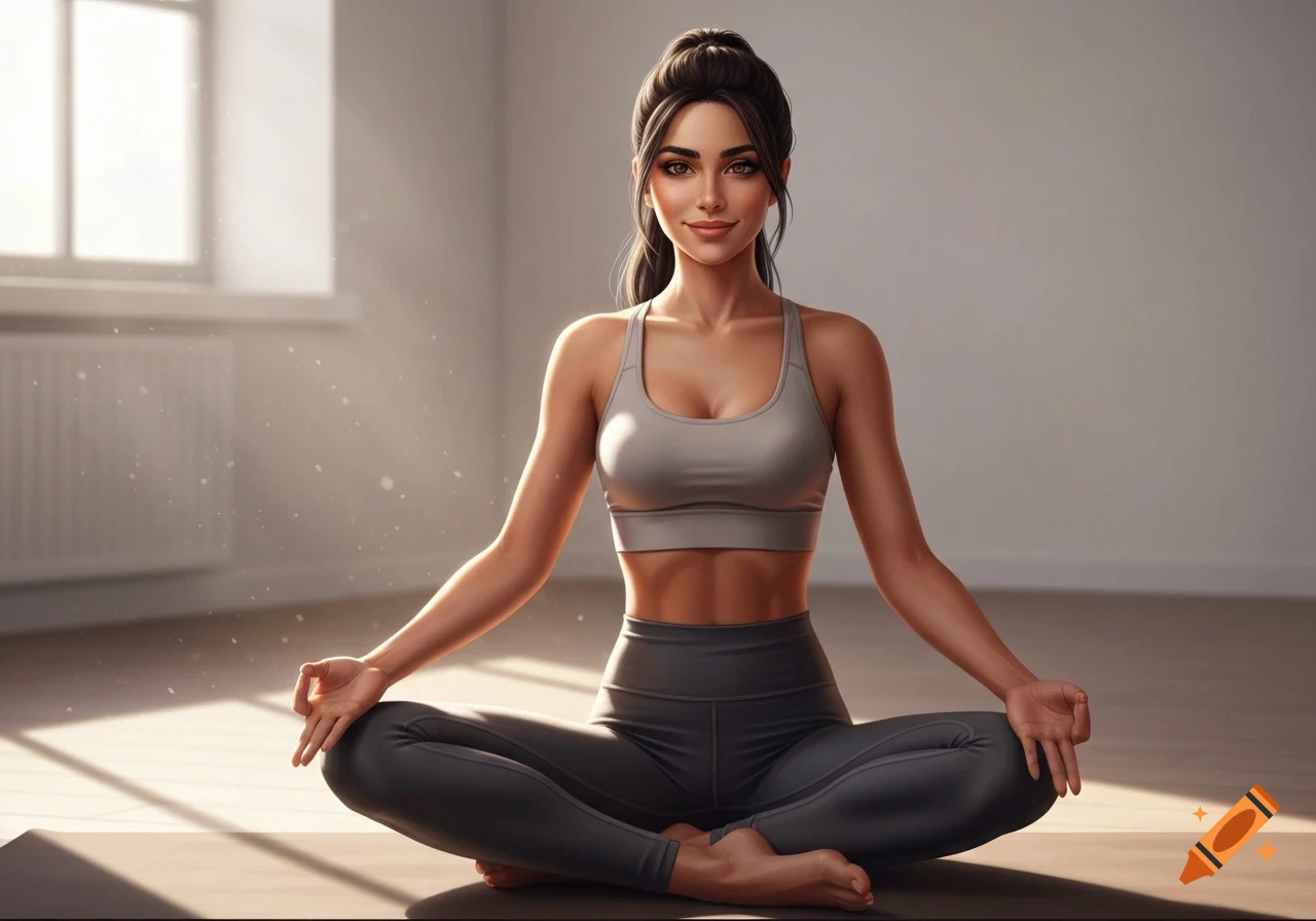 A beautiful young woman with dark hair in a ponytail sits cross-legged on a yoga mat, smiling in a sunny room.