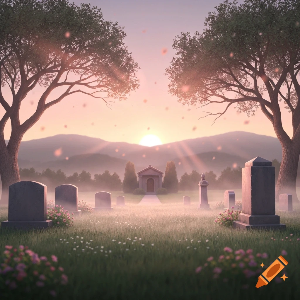 A serene cemetery at sunrise, with sun rays, gravestones, and two large trees framing a distant mausoleum.