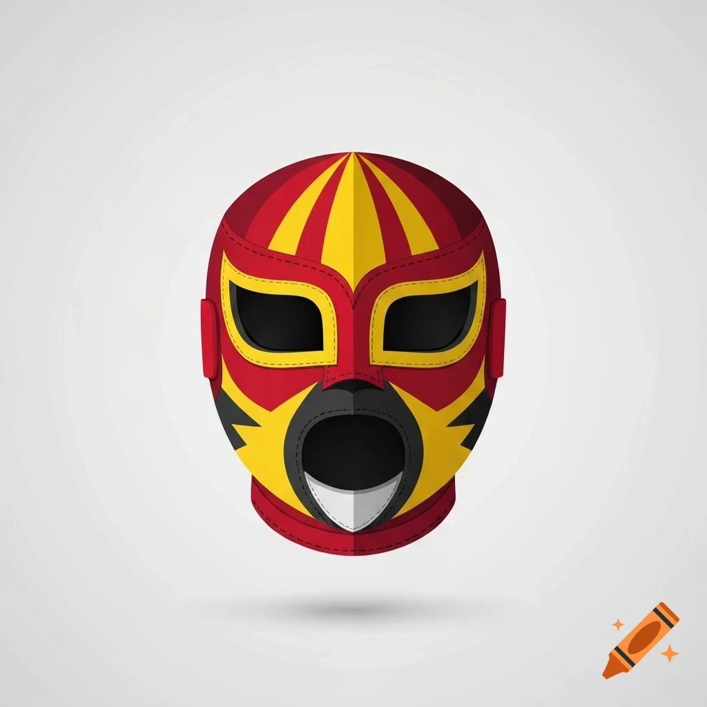 A stylized illustration of a red and yellow luchador mask with black eye and mouth openings, on a light gray background.