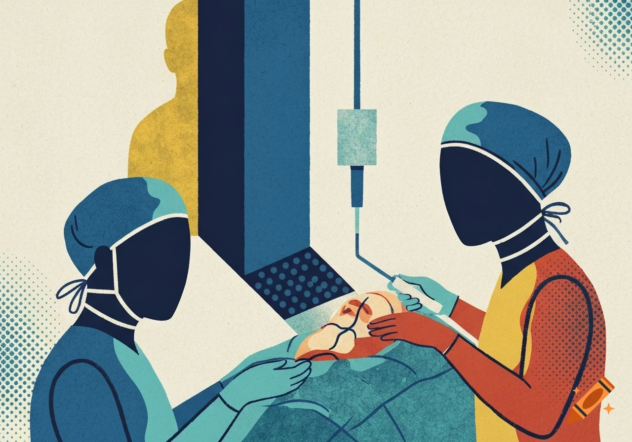 Textured flat illustration of two stylized surgeons performing an operation on a patient, with medical equipment.