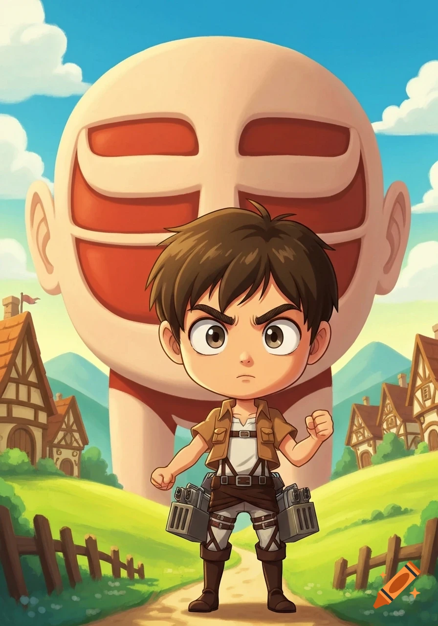 Chibi Eren Yeager in uniform stands in a grassy village, with the large, skinless head of the Colossal Titan looming behind him against a blue sky.
