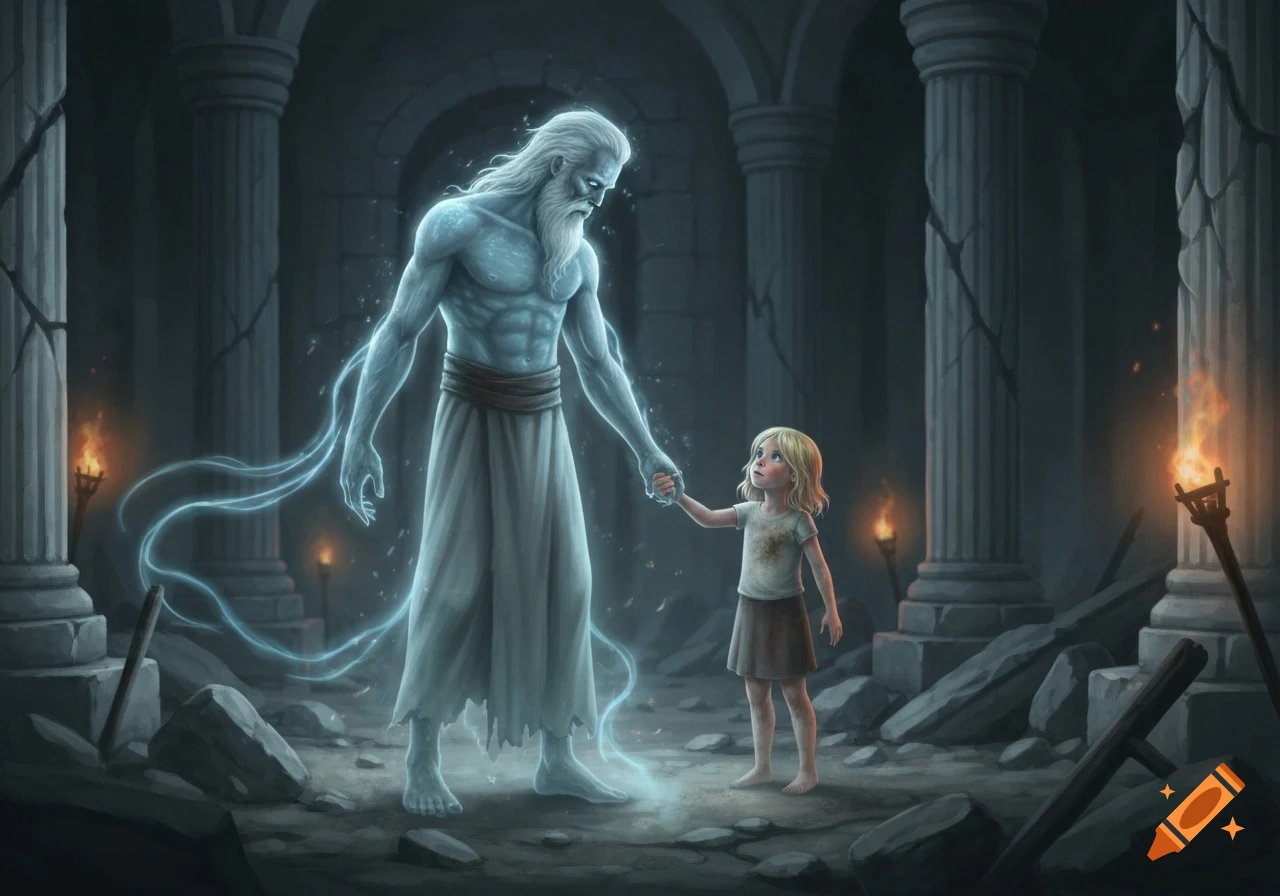 A translucent male ghost with a white beard holds hands with a blond girl in a ruined temple with pillars and torches.