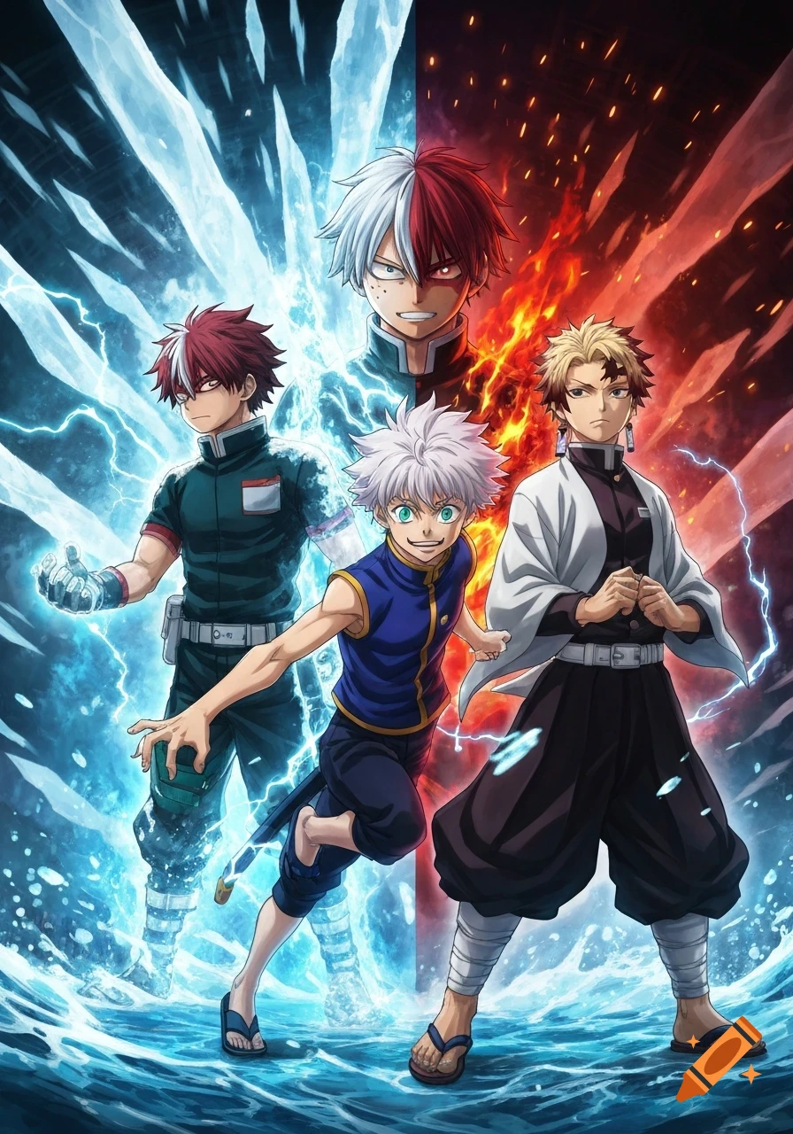 Four anime characters with elemental powers, including two Shoto Todoroki variants, Killua, and Giyu Tomioka, standing against a backdrop of ice, water, fire, and lightning.