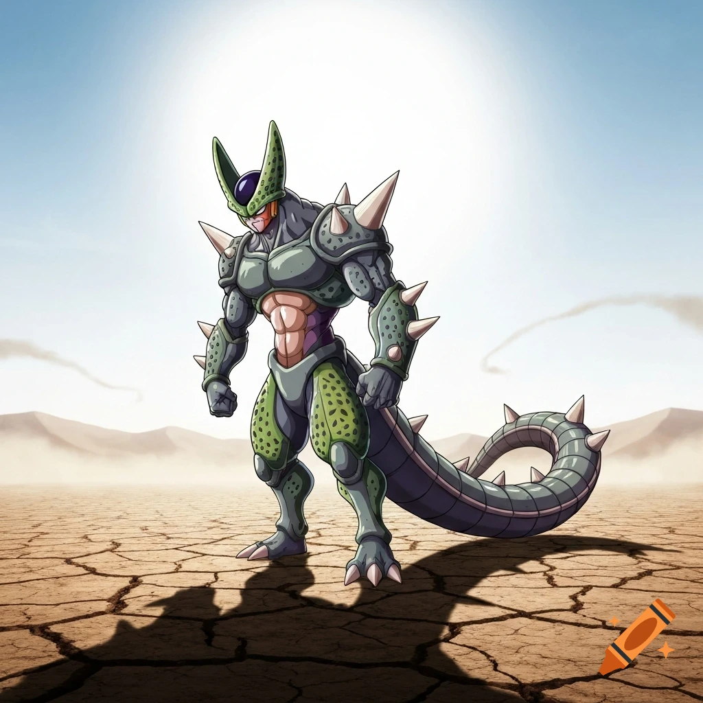 An anime fusion of Cell and Kabutops, a green, spiked character, stands in a cracked desert.