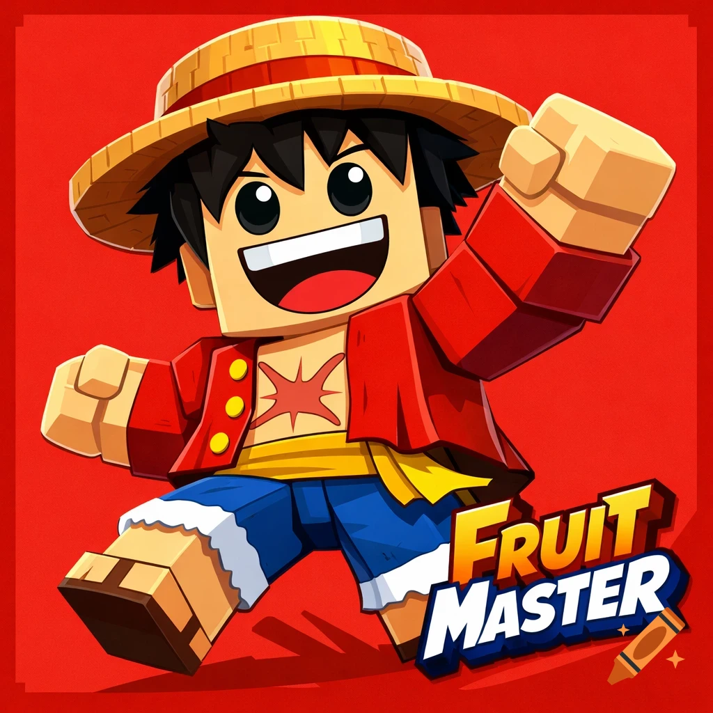 Blocky Luffy in a straw hat and red shirt in Roblox style, punching upwards on a red background with 'Fruit Master' text.