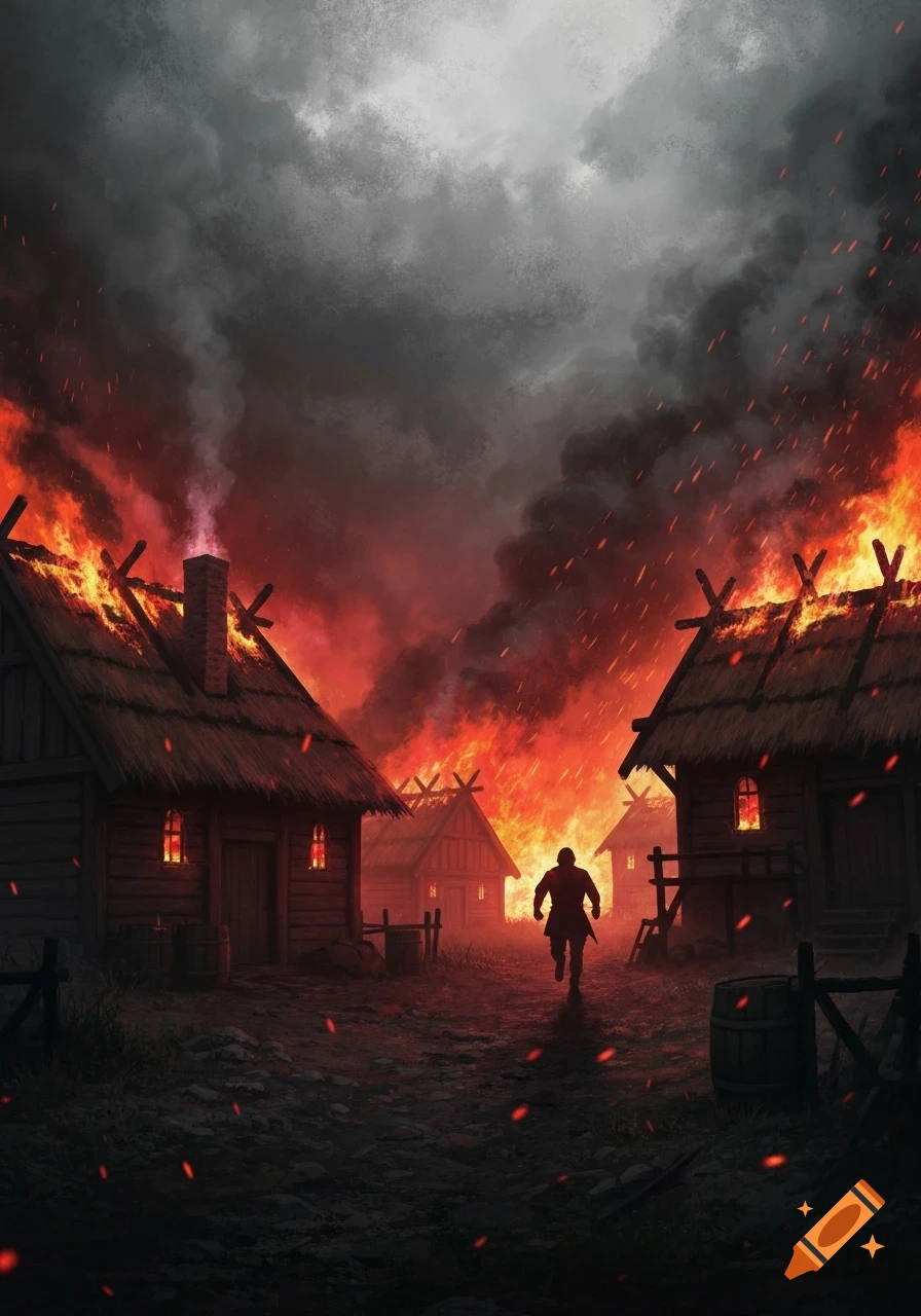 A lone figure runs through a dark, burning village under a smoky, red sky, rendered in a digital painting style.