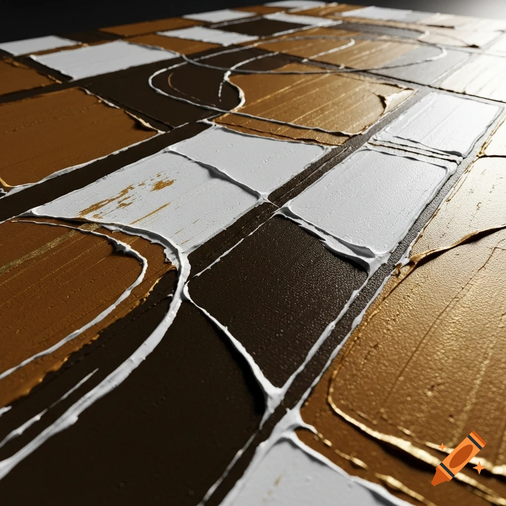 Close-up of a modern abstract painting with thick brown, gold, and white textured paint strokes on canvas.