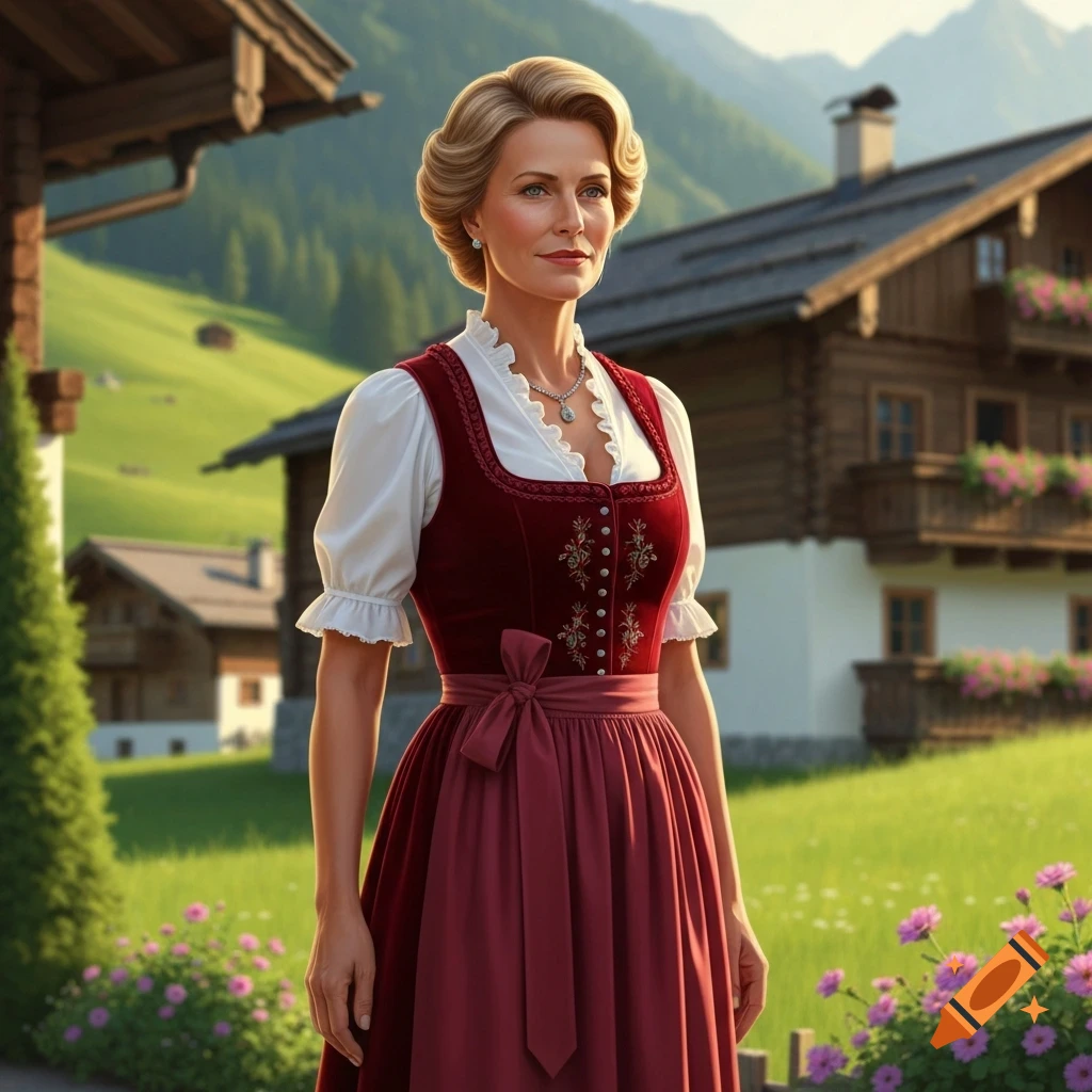 A woman in a traditional red and white dirndl dress stands in a scenic Austrian mountain village.