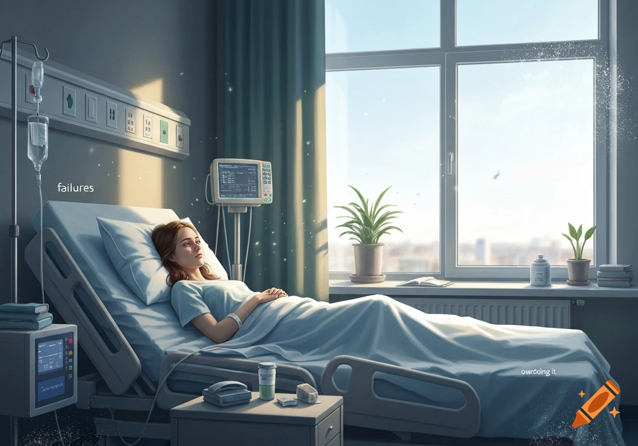 A pensive woman lies in a hospital bed with an IV drip, facing a sunlit window with plants. Text 'failures' and 'owreoing it' appear on the walls.