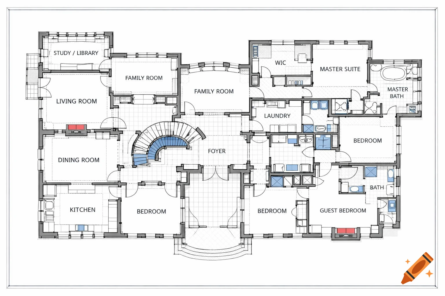 Detailed floor plan of a multi-room villa, showing living areas, bedrooms, and bathrooms with labels.