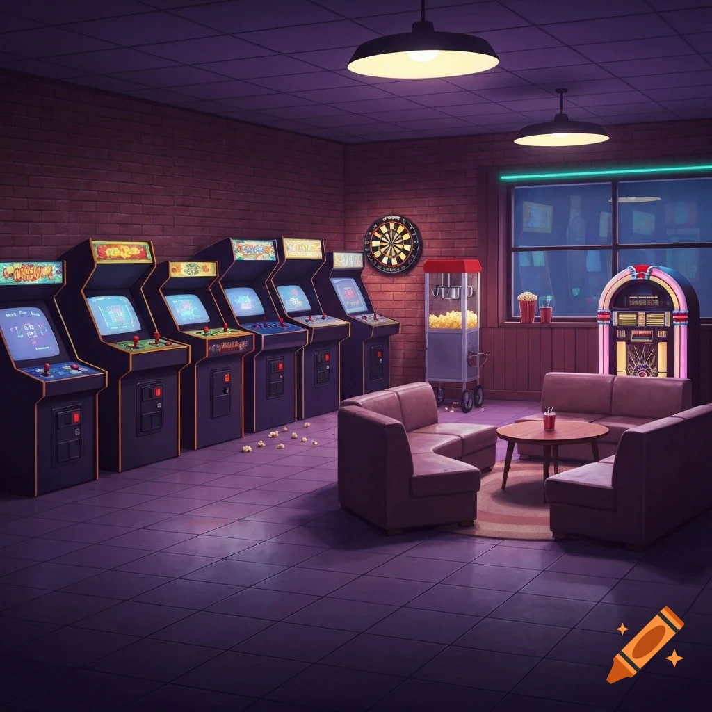 A moody retro arcade hall with multiple arcade machines, a dartboard, popcorn machine, jukebox, and a lounge area with couches.