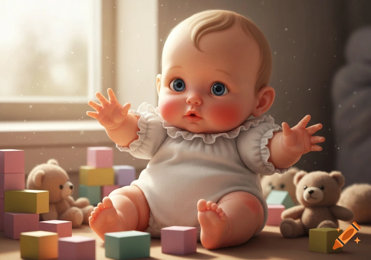 A cute, plump baby doll with rosy cheeks and blue eyes, sitting amidst colorful building blocks and teddy bears in a bright room.