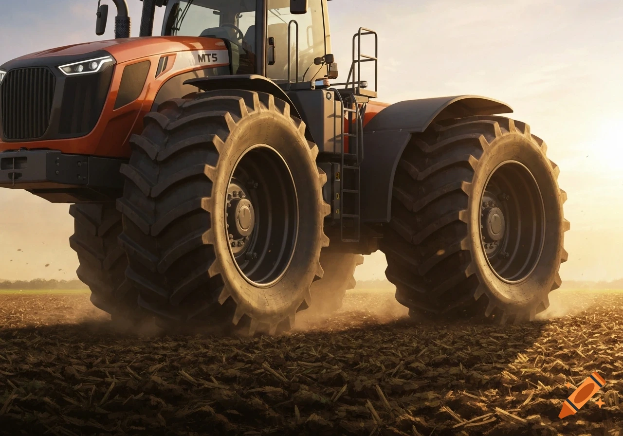 Photorealistic close-up of a large orange and black tractor with big tires driving through a tilled field at sunset, kicking up dust.