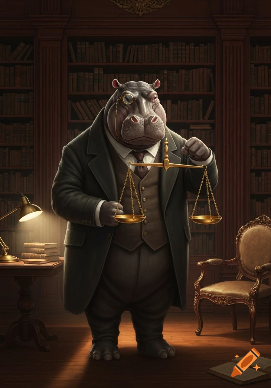 A distinguished hippopotamus in a suit and monocle holds scales of justice in a grand library.