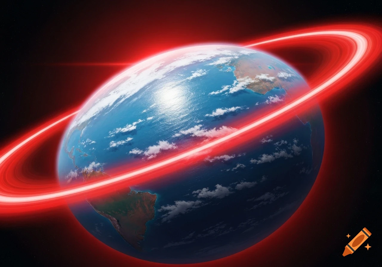 A blue planet with continents and clouds, encircled by a bright red glowing ring, set in deep space.
