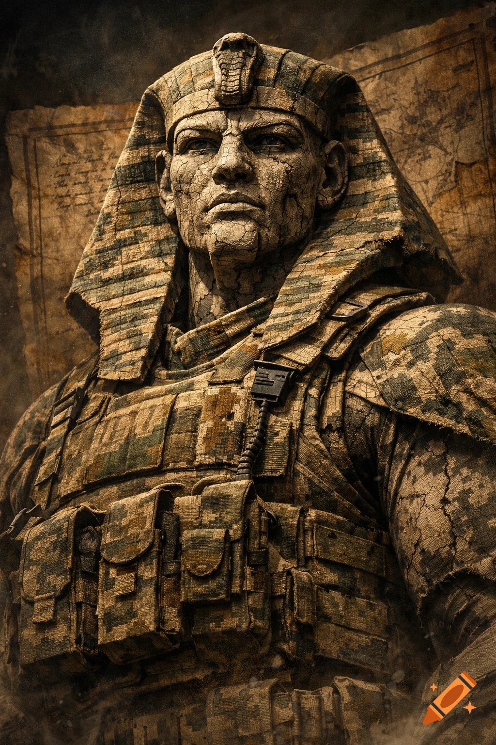 A cracked stone-like figure with a pharaoh's headdress wears modern camouflage military gear against a faded map background.