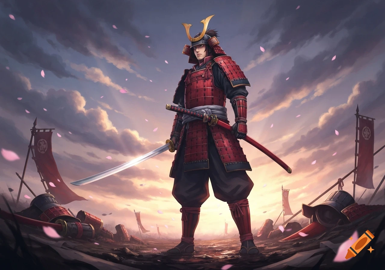 Anime-style samurai in red armor with a katana stands on a battlefield at sunset with cherry blossoms falling.