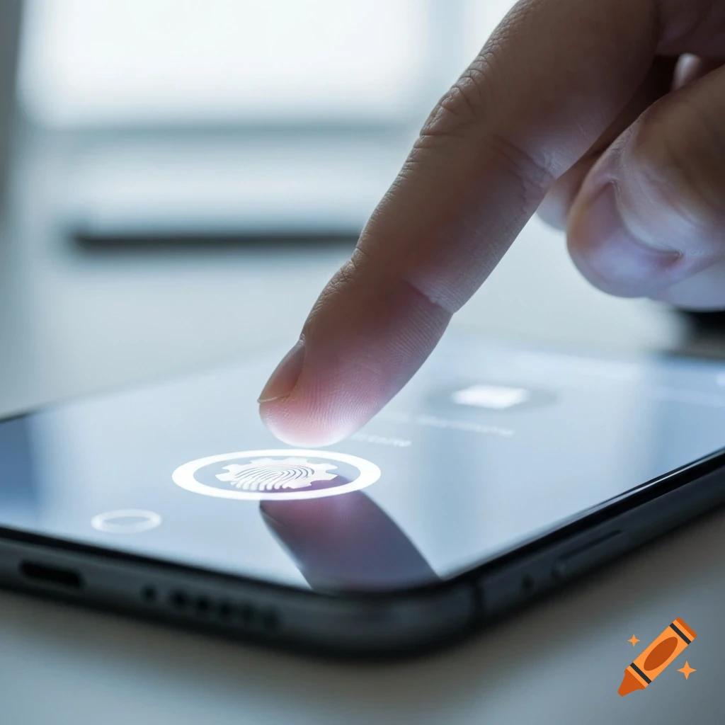 Close-up of a finger touching a smartphone screen with a glowing fingerprint icon for security.
