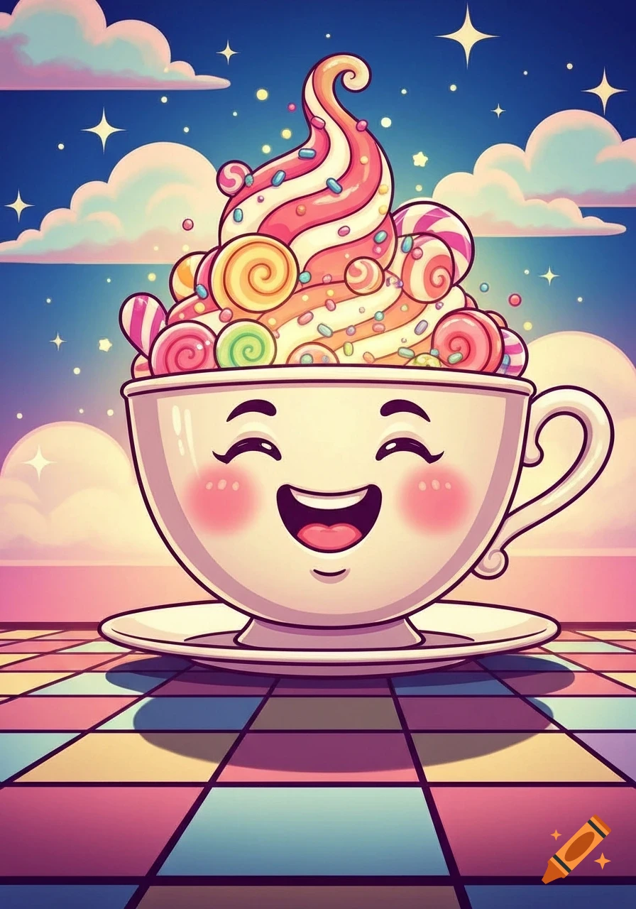 A cute smiling cartoon teacup overflowing with colorful whipped cream, sprinkles, and candies, on a checkered floor under a starry sky.