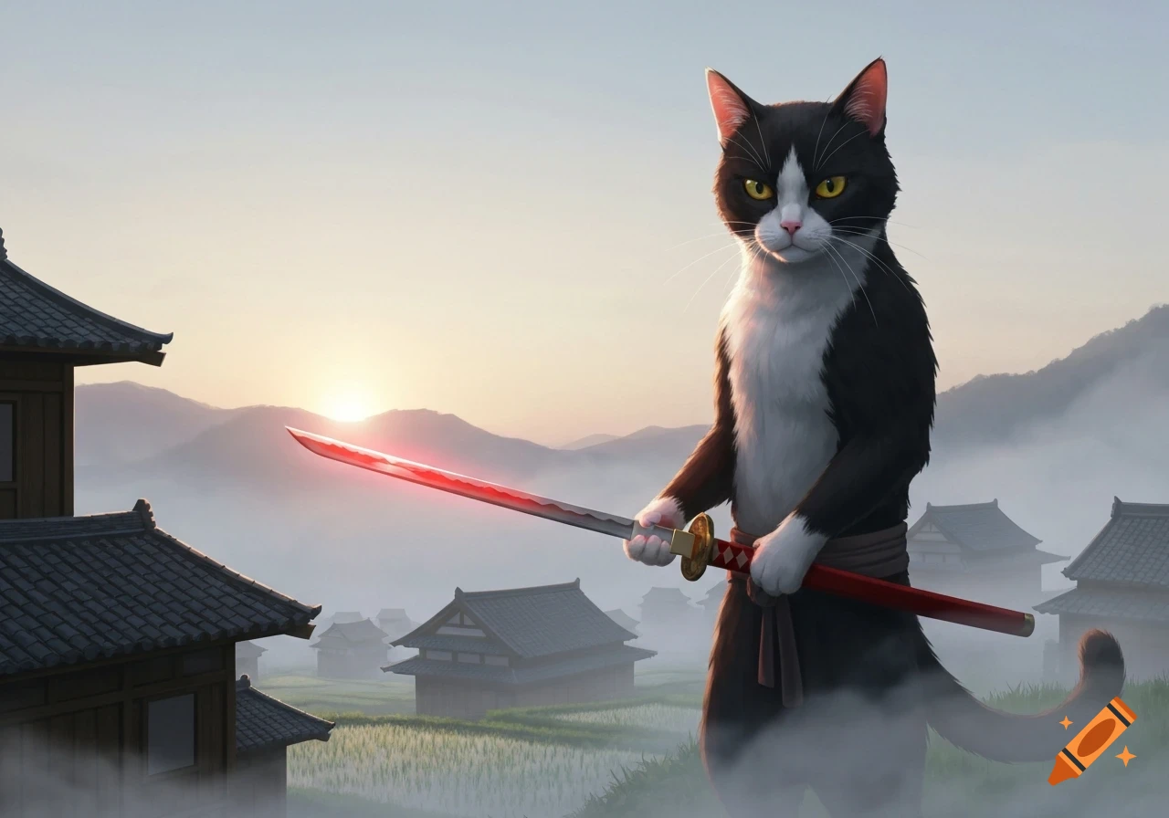 A black and white samurai cat with a glowing red katana stands in a misty mountain village at dawn, in cinematic anime style.