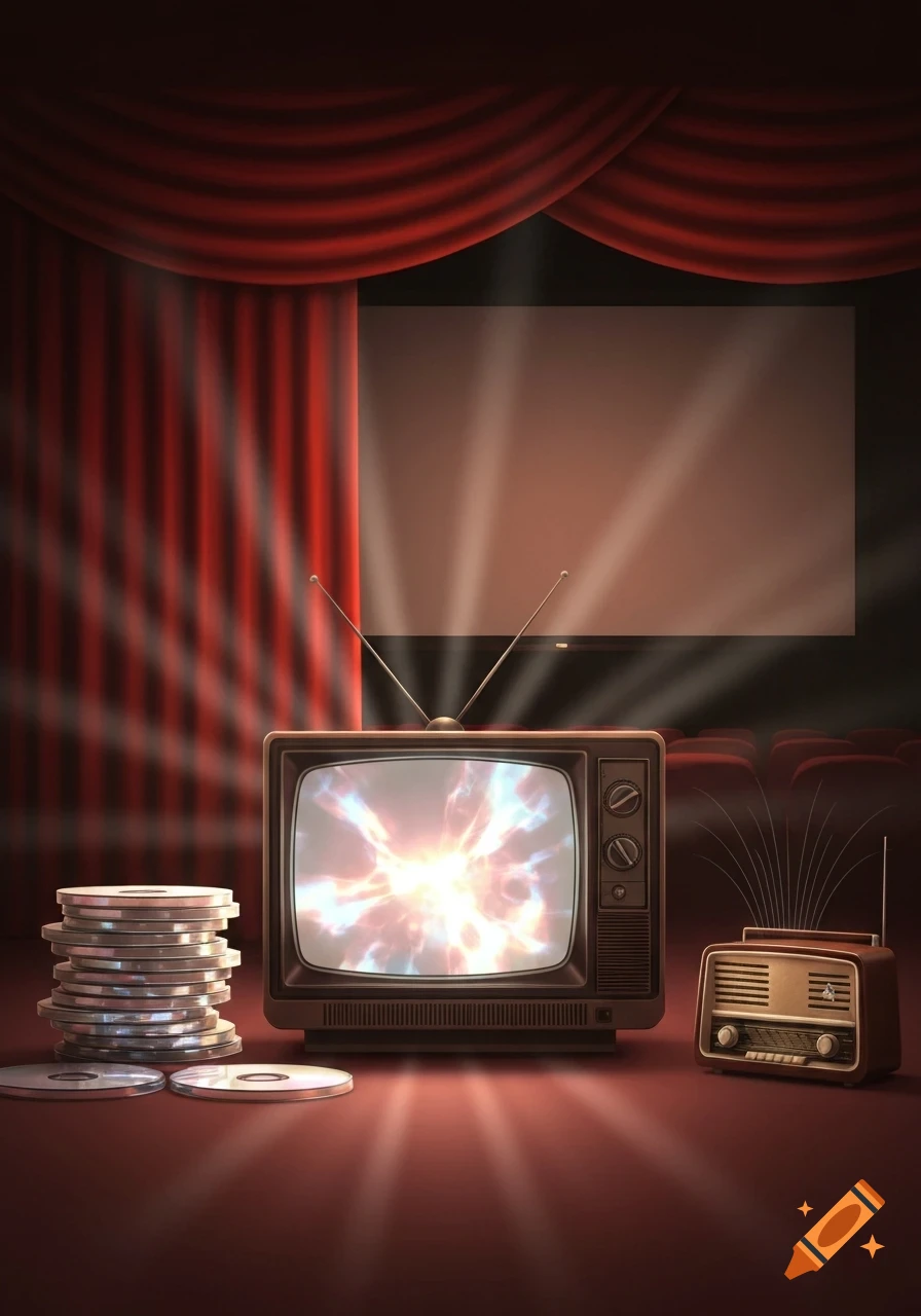 A vintage TV with a glowing screen, a stack of DVDs, and a retro radio sit on a stage with red curtains and a cinema screen.